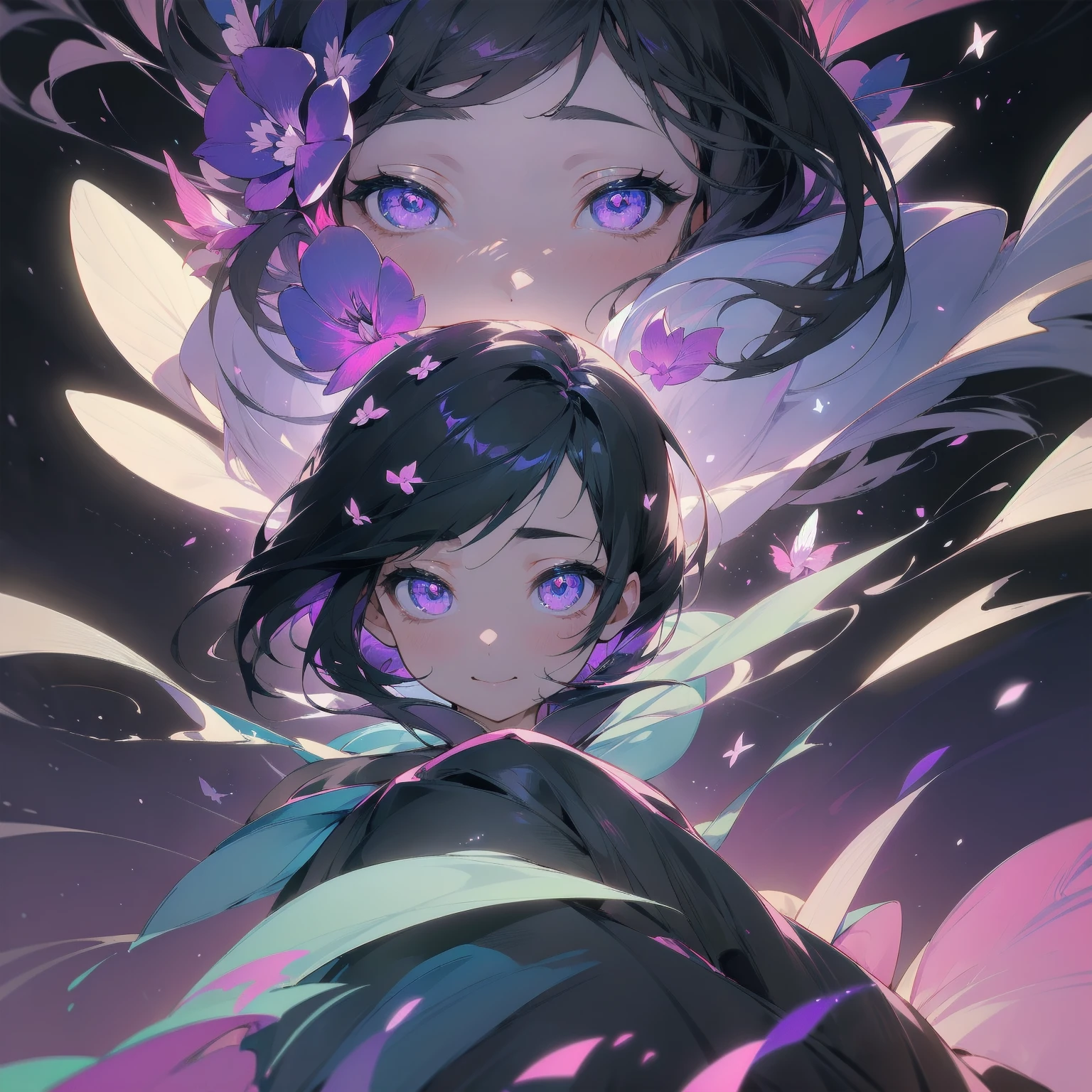 (beautifully、aesthetic:1.2)、(1 Girl:1.3)、(black hair:1.2)、Wearing a purple kimono、miracle、happinessそうな笑顔、like、happiness、Great space、Phalaenopsis flower、like情、likeに溢れる空間、
