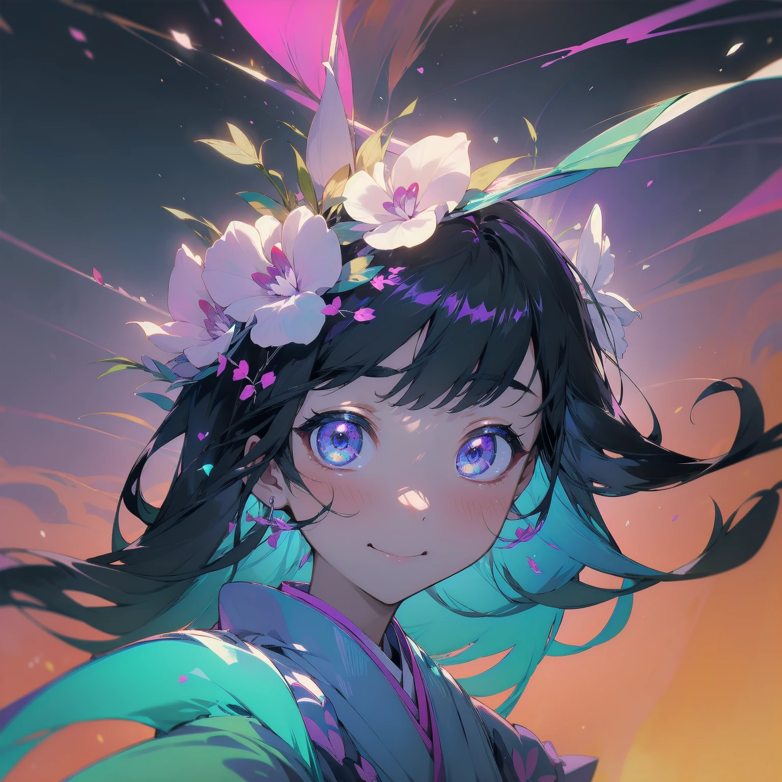 (beautifully、aesthetic:1.2)、(1 Girl:1.3)、(black hair:1.2)、Wearing a purple kimono、miracle、happinessそうな笑顔、like、happiness、Great space、Phalaenopsis flower、like情、likeに溢れる空間、