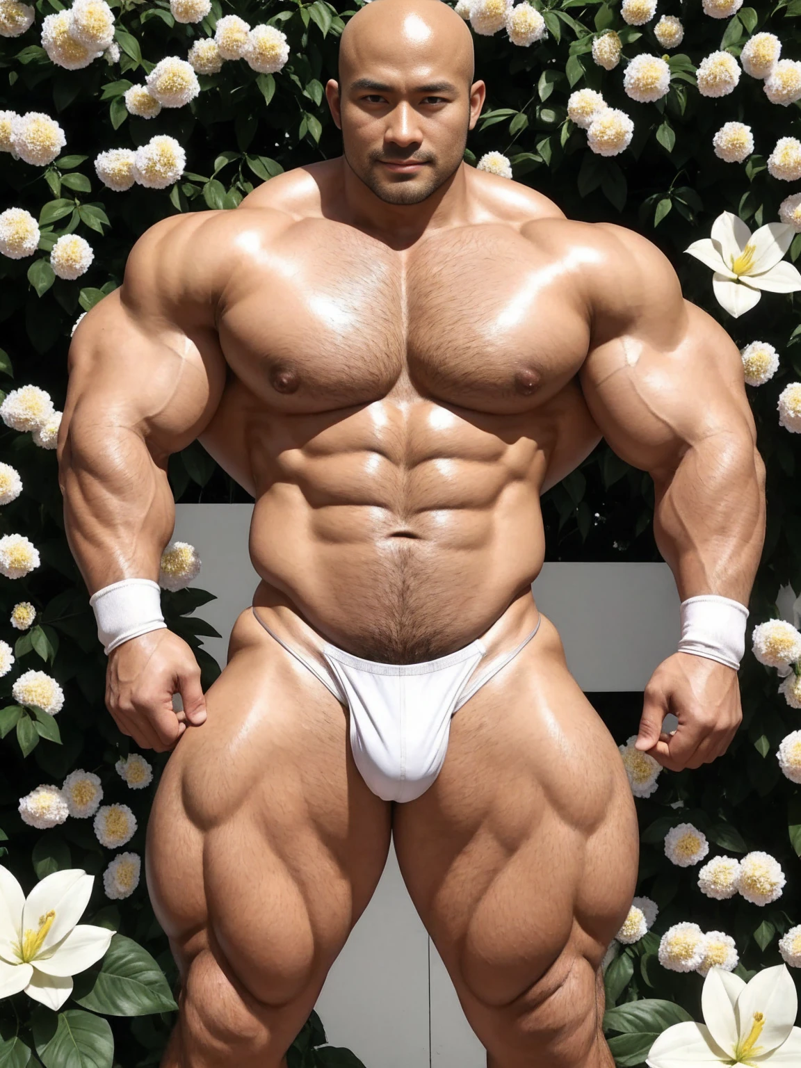 There is only one handsome Asian actor in the photo，35 years old，High target, Fitness，short hair, O-Shaped Beard，Perfect body, Dark skin color，Radiant Skin，Smooth skin，Shiny, shiny skin，No hair，No body hair，Muscle bulge, muscular, Very large pectoral muscles，Very sexy abdominal muscles，Very well-developed leg muscles，Huge concave and convex area，Brightens oily skin，Wearing a white leather shiny thong，Handsome face， Correct and accurate male body proportions, Wear white socks，Put your hands behind your back，Stand among the flowers，Flowers bloom all around。
