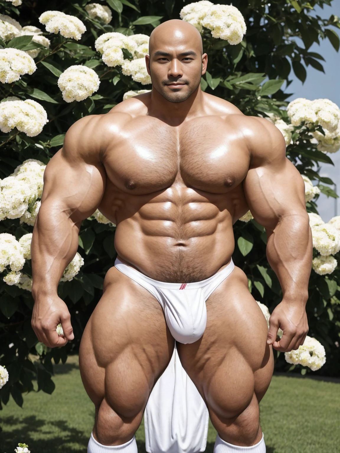 There is only one handsome Asian actor in the photo，35 years old，High target, Fitness，short hair, O-Shaped Beard，Perfect body, Dark skin color，Radiant Skin，Smooth skin，Shiny, shiny skin，No hair，No body hair，Muscle bulge, muscular, Very large pectoral muscles，Very sexy abdominal muscles，Very well-developed leg muscles，Huge concave and convex area，Brightens oily skin，Wearing a white leather shiny thong，Handsome face， Correct and accurate male body proportions, Wear white socks，Put your hands behind your back，Stand among the flowers，Flowers bloom all around。
