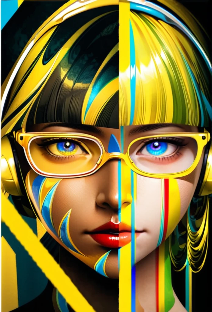 (((yellow glasses:1.3))), headphone, short hair, blunt bangs,Please turn the provided image into a painting keeping the same agape face features and realistic likeness and with the following characteristics: Art Style: Flowing Picasso style. Colors: Vibrant and dynamic, using bold and contrasting colors like the photo Details: Emphasize abstract shapes and flowing lines to capture the essence of her features. Mood: Artistic and expressive, with a surreal and imaginative touch. Background: Complementary to the Picasso style, potentially with abstract elements or patterns. Note: The final image should creatively reinterpret her likeness in a way that feels both unique and artistic, reminiscent of Picasso's distinctive and abstract painting style. Hypersaturated,Indirect light,[Detestable:Vulgar:5] Airy ("Footprints on uncharted paths, explorers of the unknown, venturing into the wilderness of possibility.":1.1),Offset print,Manic,Proud,Lomography,Shameless,full of color,electric color splash,Calotype,key visual,Dark hue,flawless,
A mature face,cold attitude,(eyeshadow,eyeliner:0.9),(red lips:1),watery eyes,Blue eyes,xuer Cold face,decef