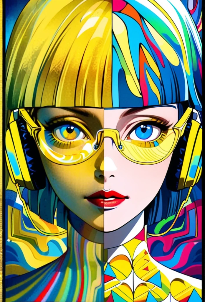 (((yellow glasses:1.3))), headphone, short hair, blunt bangs,Please turn the provided image into a painting keeping the same agape face features and realistic likeness and with the following characteristics: Art Style: Flowing Picasso style. Colors: Vibrant and dynamic, using bold and contrasting colors like the photo Details: Emphasize abstract shapes and flowing lines to capture the essence of her features. Mood: Artistic and expressive, with a surreal and imaginative touch. Background: Complementary to the Picasso style, potentially with abstract elements or patterns. Note: The final image should creatively reinterpret her likeness in a way that feels both unique and artistic, reminiscent of Picasso's distinctive and abstract painting style. Hypersaturated,Indirect light,[Detestable:Vulgar:5] Airy ("Footprints on uncharted paths, explorers of the unknown, venturing into the wilderness of possibility.":1.1),Offset print,Manic,Proud,Lomography,Shameless,full of color,electric color splash,Calotype,key visual,Dark hue,flawless,
A mature face,cold attitude,(eyeshadow,eyeliner:0.9),(red lips:1),watery eyes,Blue eyes,xuer Cold face,decef