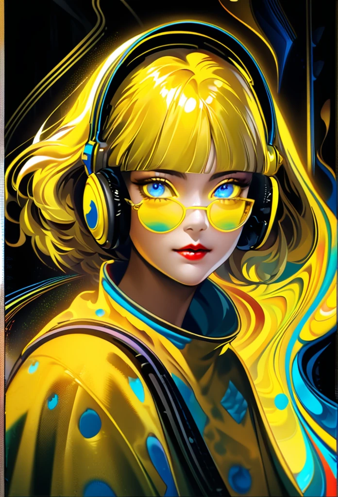 (((yellow glasses:1.3))), headphone, short hair, blunt bangs,Please turn the provided image into a painting keeping the same agape face features and realistic likeness and with the following characteristics: Art Style: Flowing Picasso style. Colors: Vibrant and dynamic, using bold and contrasting colors like the photo Details: Emphasize abstract shapes and flowing lines to capture the essence of her features. Mood: Artistic and expressive, with a surreal and imaginative touch. Background: Complementary to the Picasso style, potentially with abstract elements or patterns. Note: The final image should creatively reinterpret her likeness in a way that feels both unique and artistic, reminiscent of Picasso's distinctive and abstract painting style. Hypersaturated,Indirect light,[Detestable:Vulgar:5] Airy ("Footprints on uncharted paths, explorers of the unknown, venturing into the wilderness of possibility.":1.1),Offset print,Manic,Proud,Lomography,Shameless,full of color,electric color splash,Calotype,key visual,Dark hue,flawless,
A mature face,cold attitude,(eyeshadow,eyeliner:0.9),(red lips:1),watery eyes,Blue eyes,xuer Cold face,decef