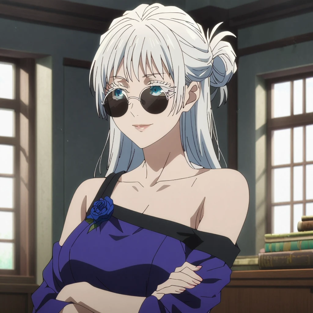 1girl, female gojo satoru, anime screencap from jujutsu kaisen, gojo satoru female version, solo, long_hair, blue eyes, ((white eyelashes)), ((white_hair)), window, breasts, upper_body, smile, indoors, book, bangs, blue_eyes, lips, (wearing round sunglasses) , ((her hairstyle : The character in the image has long straight white hair)) wearing black color party dress, bare shoulder, breast, "very detailed and high resolution" (blue eyes) ((cross arms)) 