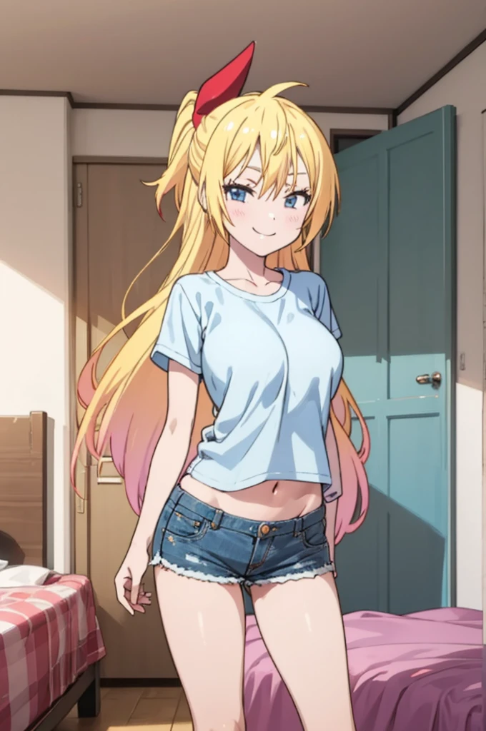 solo, 1girl, chitoge kirisaki,, smile, looking at viewer,my room,small shirts,big breasts,denim shorts,navel,socks,my room