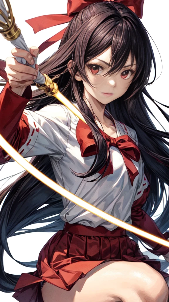 The image shows an illustrated character, likely from an anime or manga. The character has long dark hair and is wearing a traditional white top with red accents and a red skirt. The character is holding what appears to be a bow without the string, and there are white ribbon-like effects surrounding the character, suggesting movement or a magical element. The face of the character has been pixelated to obscure it.
Would you like me to create a new illustration based on this description?