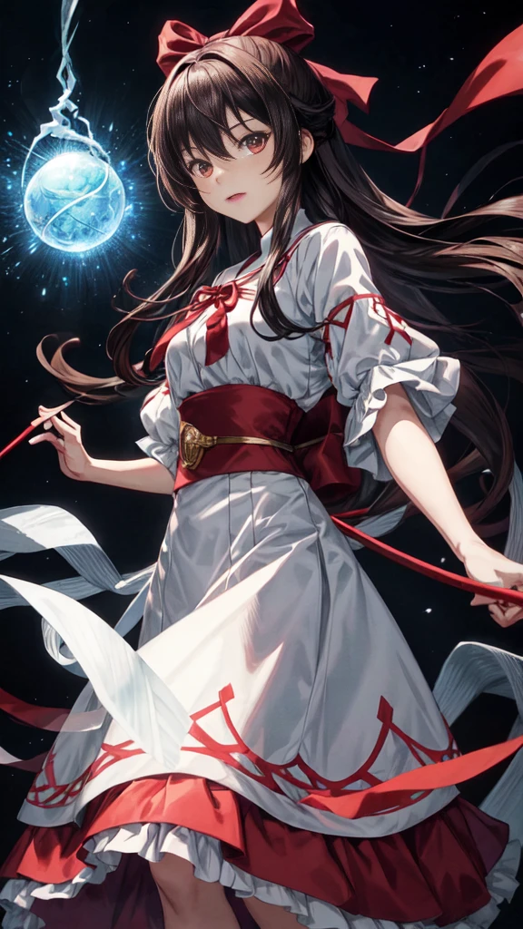 The image shows an illustrated character, likely from an anime or manga. The character has long dark hair and is wearing a traditional white top with red accents and a red skirt. The character is holding what appears to be a bow without the string, and there are white ribbon-like effects surrounding the character, suggesting movement or a magical element. The face of the character has been pixelated to obscure it.
Would you like me to create a new illustration based on this description?
