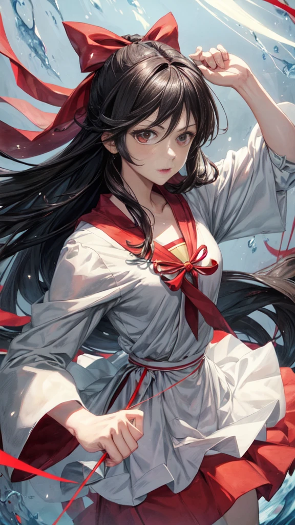 The image shows an illustrated character, likely from an anime or manga. The character has long dark hair and is wearing a traditional white top with red accents and a red skirt. The character is holding what appears to be a bow without the string, and there are white ribbon-like effects surrounding the character, suggesting movement or a magical element. The face of the character has been pixelated to obscure it.
Would you like me to create a new illustration based on this description?