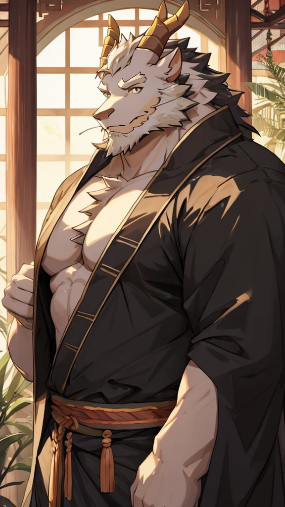 (white eastern dragon),furry,white mustache,big pecs,hearty males,muscular,black imperial robe,naked,adult,traditional_chinese_room，head portrait