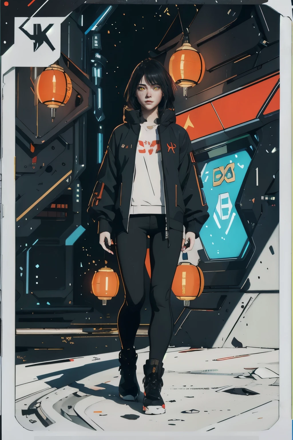 a beautiful detailed japanese girl, voluminous black emo hair,yellow pupil eyes,cyberpunk style all-black clothes,red neons,military details,semi-realistic,(best quality,4k,8k,highres,masterpiece:1.2),ultra-detailed,(realistic,photorealistic,photo-realistic:1.37),concept art,work of art, soldier with jacket cyberpunk, young emo girl, Bangs on one eye, Do the full body, in the middle of a cyberpunk space city  yellow eyes, black shirt inside Jaquete, camisa preta