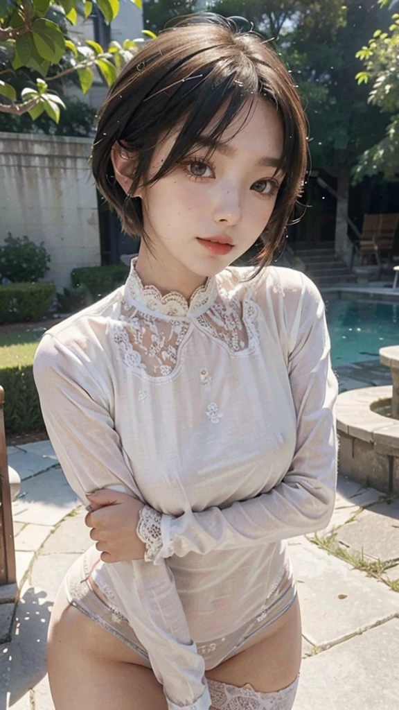 Scene portrait、Beautiful skins、Beautiful eyelashes、high-level image quality、The upper part of the body,Stockings on the thighs,(Lace transparent panties),carismatic、Darker lighting、Silvery hair、Hair swaying in the wind、short cut、Posterior hair、poneyTail、A slight smil、Show your whole body、all around 20 years old、Ren Hao、