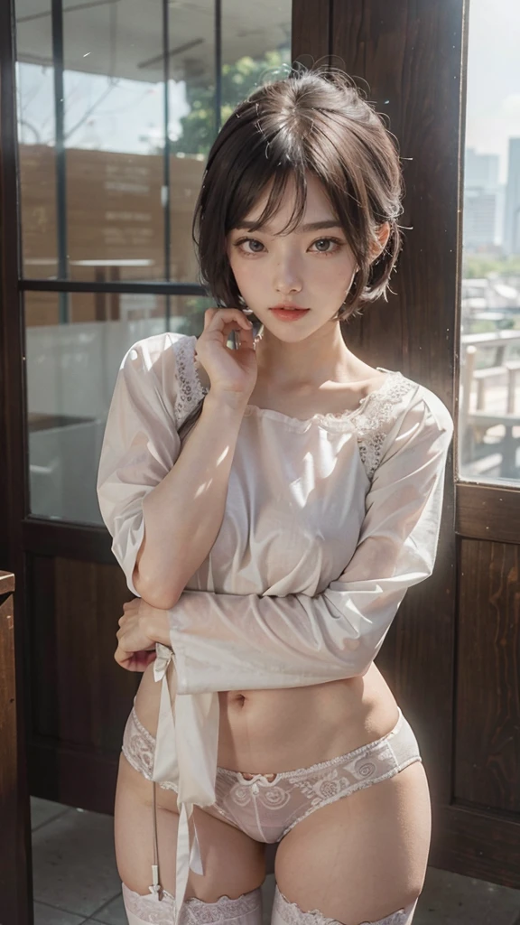 Scene portrait、Beautiful skins、Beautiful eyelashes、high-level image quality、The upper part of the body,Stockings on the thighs,(Lace transparent panties),carismatic、Darker lighting、Silvery hair、Hair swaying in the wind、short cut、Posterior hair、poneyTail、A slight smil、Show your whole body、all around 20 years old、Ren Hao、