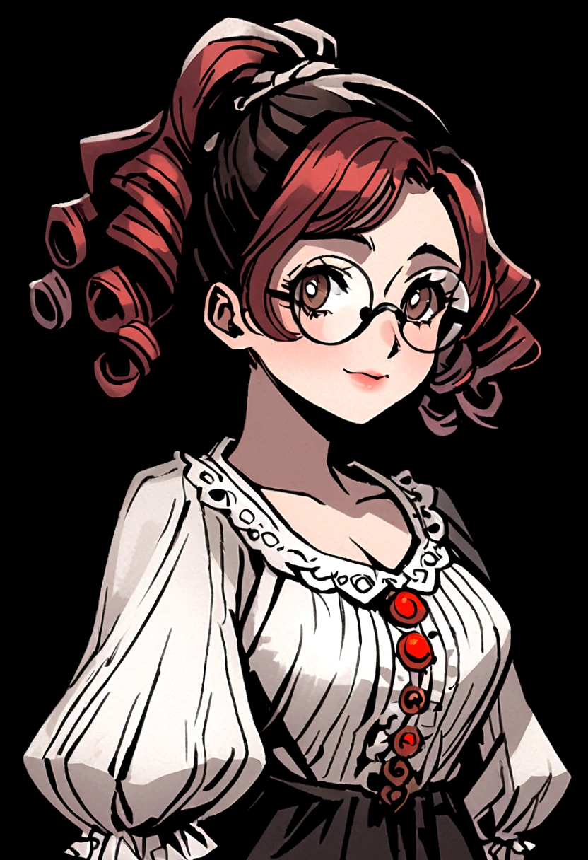 8K, ultra hd, masterpiece, (detailed), 1girl, (good face:1.4), hairstyle (color: red, length: short, curly with flowing small ringlets), face (heart-shaped, pale, dark brown eyes), glasses (wears thick-rimmed, old-fashioned glasses), background is white, just drawn face