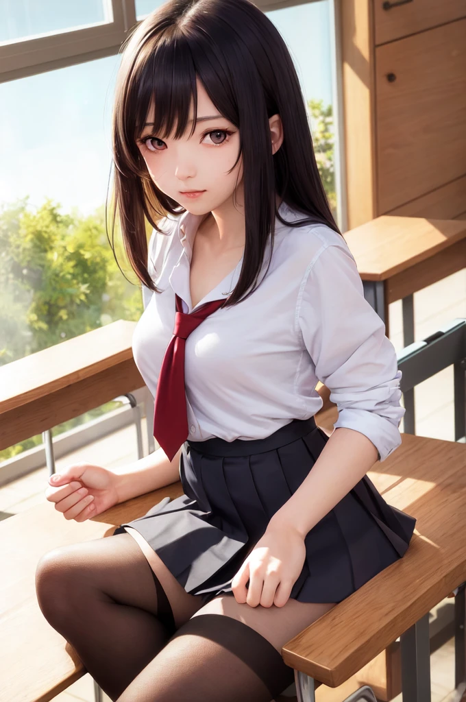 masterpiece, best quality, ultra-detailed, illustration, colorful, falt color, depth of field, lens flare,
1girl, anime, sitting, black hair, looking at viewer,school, classroom, pleated miniskirt , , serafuku, black pantyhose, detailed skin texture, detailed cloth texture, beautiful detailed face,
