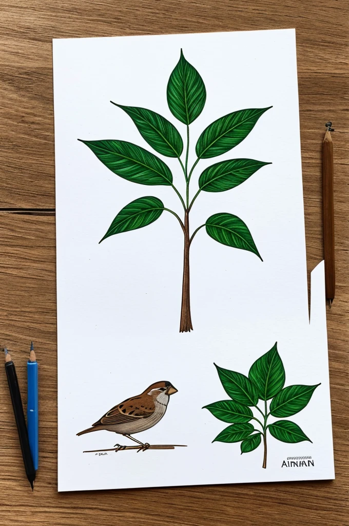 Draw a plant that there is a small sparrow sitting under the plant and draw a tree that has no leaves and shadow and the weather is very hot and draw on the label that "Ahmed Khan" label like watermark