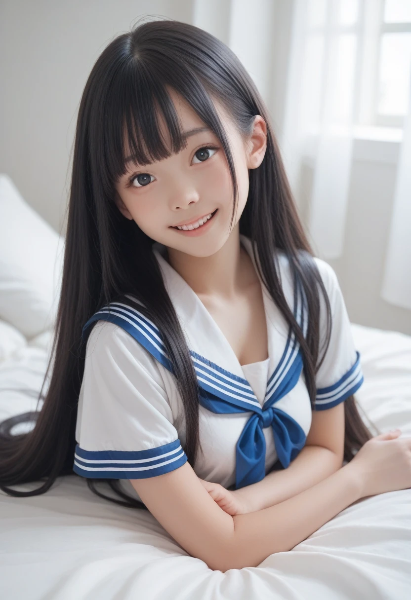 cute,,black hair,long hair,straight hair,with bangs,angelic smile,model,full breasts, wariza,on bed,summer sailor suit