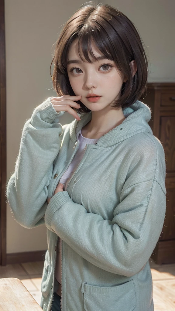 Girl, brown hair, bob haircut, with bangs, purple snow jacket with green sweater inside, hands crossed, slightly serious expression, big eyes, white gloves, blue eyes,