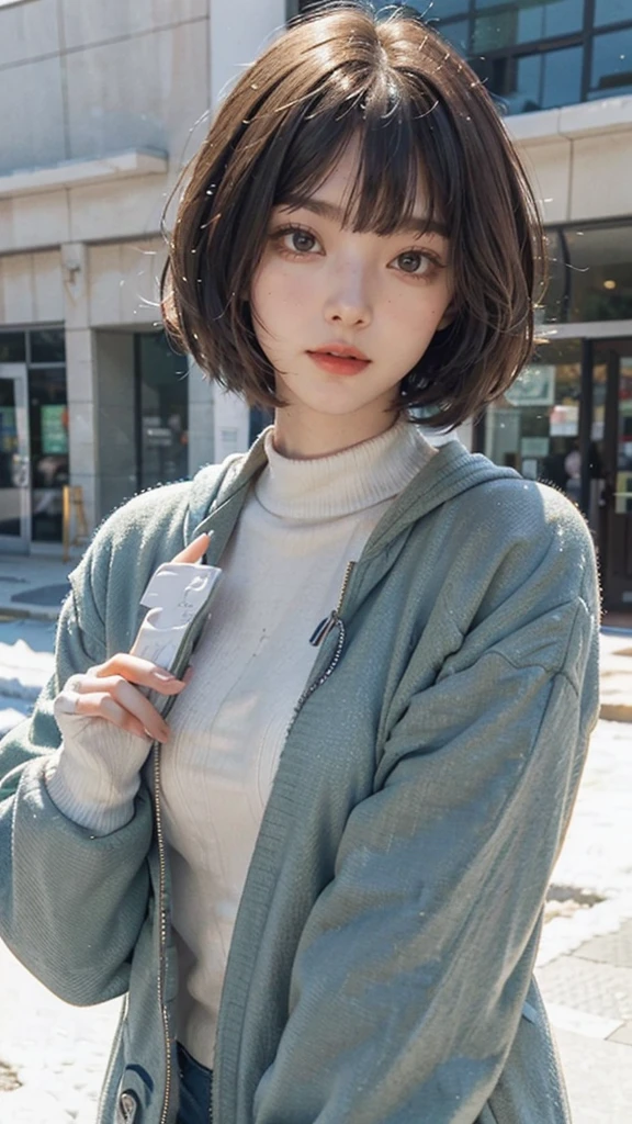 Girl, brown hair, bob haircut, with bangs, purple snow jacket with green sweater inside, hands crossed, slightly serious expression, big eyes, white gloves, blue eyes,