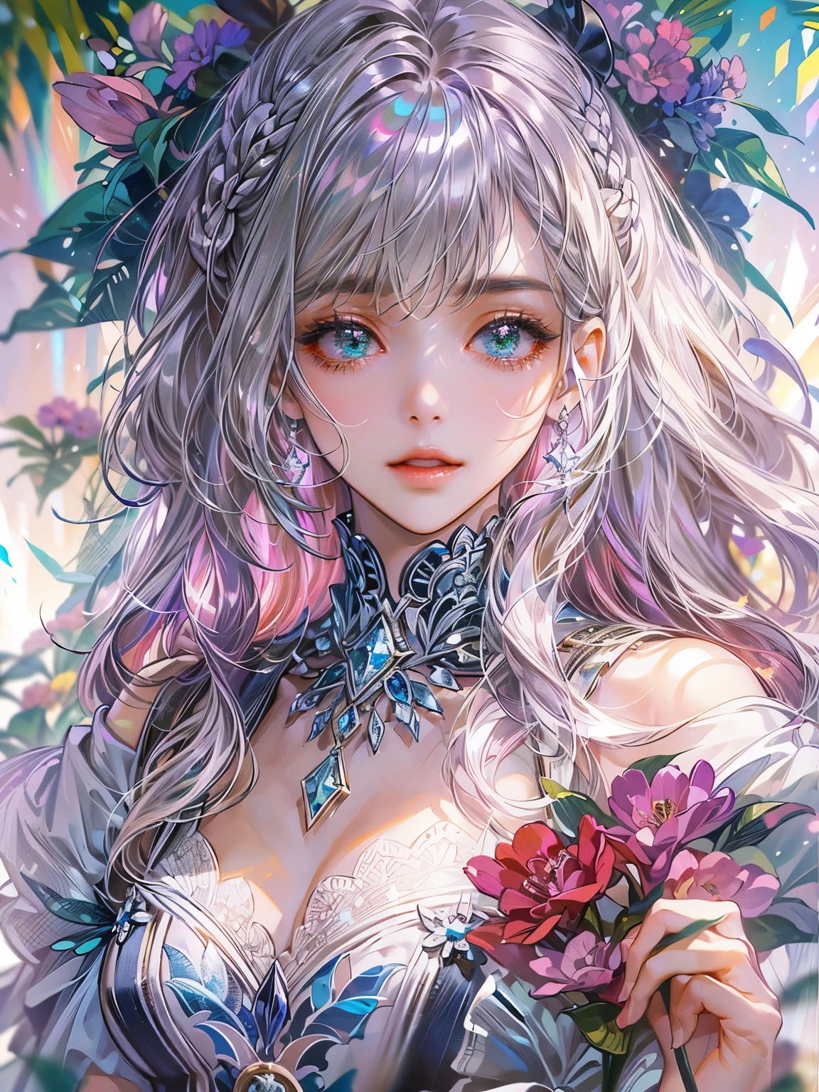 ((Highest quality)),(Ultra-high resolution),(Very detailed),(Detailed Description),((The best CG)),(A masterpiece),Ultra-detailed art,Amazing painting art,(Art with precise detail:1.5), (Shiny Hair:1.7),gem:1.3, sparkle:1.3, darkness:1.6, Light:1.7