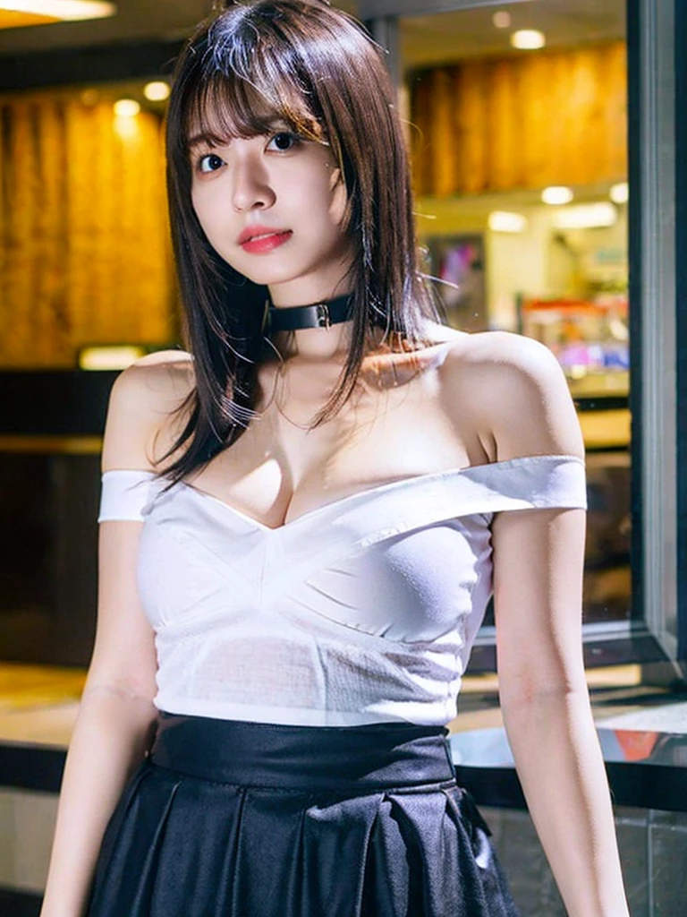 best quality, ultra high res, (photorealistic:1.4), 1girl, off-shoulder white shirt, black tight skirt, black choker, (faded ash gray hair:1), looking at viewer, Cleavage、tits