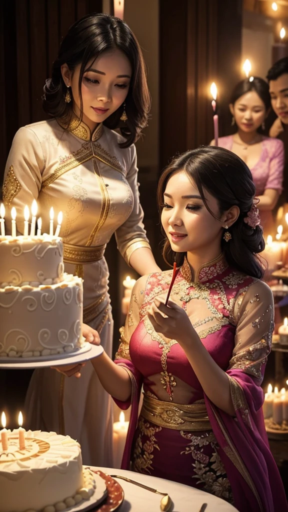 Woman in kebaya blows out candles from birthday cake. In front of the woman there was a birthday cake
