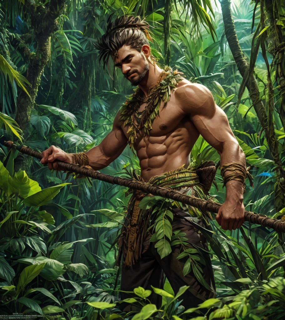 (((Solo character image.))) (((Generate a single character image.))) Create a striking portrayal of a male jungle tribal warrior in a lush, vibrant jungle setting. The character should have rich, dark skin tones to honor the jungle's native inhabitants respectfully. He is adorned in the traditional attire of a fantasy tribal warrior, which features intricate patterns and natural materials such as woven leaves and animal hides. This formidable warrior is armed with a unique, nature-inspired weapon, like a staff with jagged crystals or a bow crafted from jungle vines. His facial expressions and body language should convey his connection to the jungle, showcasing a deep understanding of its mysteries and a strong, fierce spirit. The surrounding jungle environment should teem with life, incorporating exotic flora and fauna, and dappled sunlight filtering through the dense foliage.
This warrior, brimming with danger and aggression, wields a nature-infused weapon of unparalleled uniqueness, be it a staff armed with jagged, ominous crystals or a bow meticulously crafted from the sinuous vines of the jungle. His facial expressions and posture should resonate with the spirit of the wild, communicating not only his mastery of the jungle's secrets but also his deep connection with its enigmatic forces.
Render the surrounding jungle environment as a vivid, vibrant ecosystem teeming with life, featuring exotic flora and fauna. The backdrop should be a symphony of color, with dappled sunlight filtering through the dense canopy of leaves. Transport the viewer into a realm of untamed beauty and raw, unbridled violence, inviting them to delve into the world of this fearsome, untamable jungle warrior.