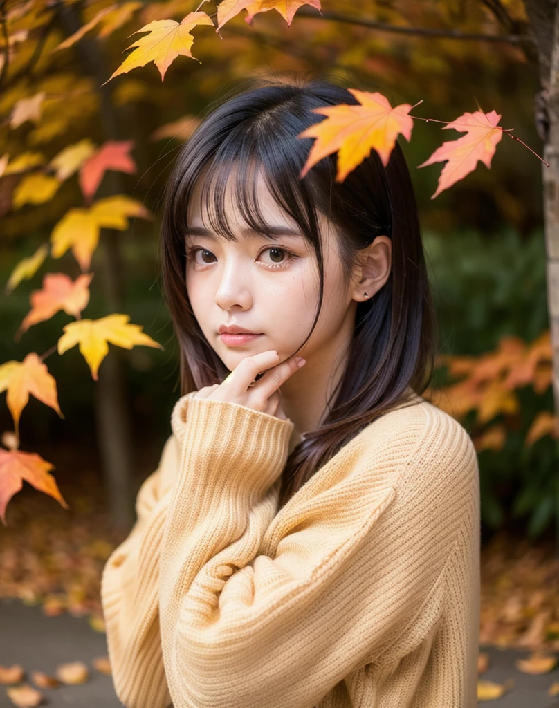 (4k, RAW photo, best quality, masterpiece:1.2),japanese,1girl,autumn leaves, looking at viewer,(sad:1.3),tears drop,oversized sweater,