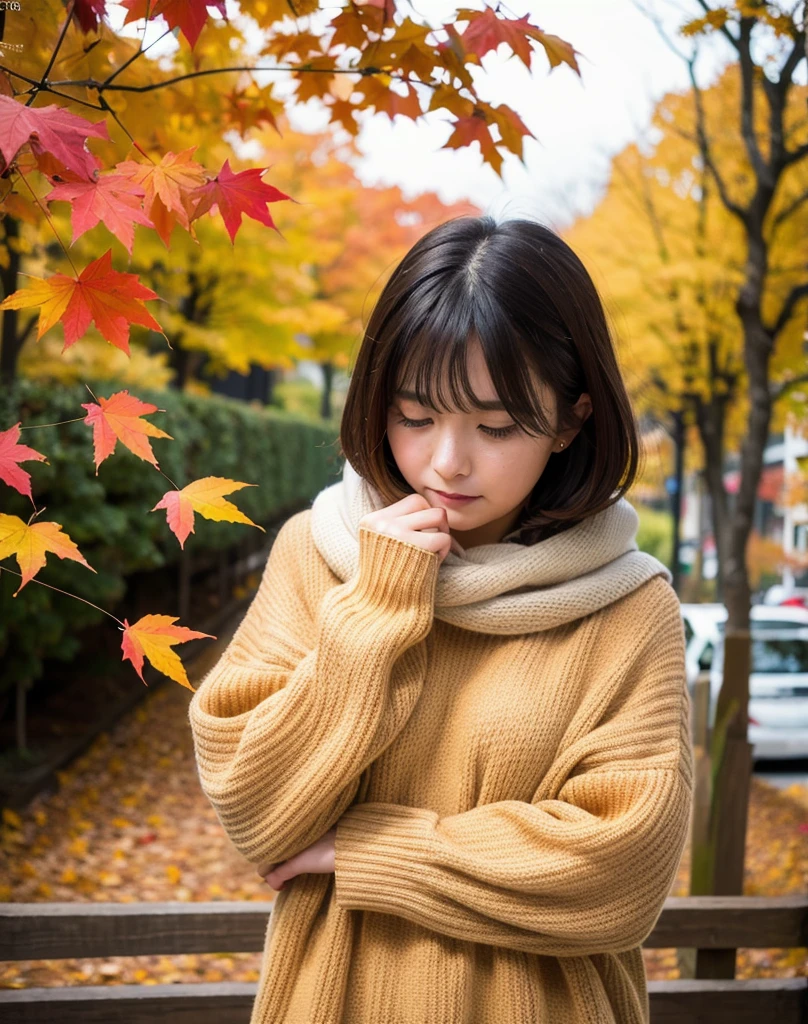 (4k, RAW photo, best quality, masterpiece:1.2),japanese,1girl,autumn leaves, looking at viewer,(sad:1.3),tears drop,oversized sweater,
