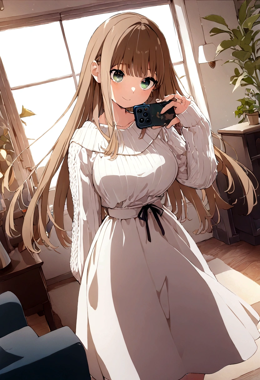 ((1girl)),  super fine illustration, vibrant colors, absurdres extremely detailed CG, 8k wallpaper, (masterpiece:1.3), dynamic angle, dynamic pose, 
best quality, depth of field, cinematic lighting, ultra detailed, brown long hair, very straight hair, large breast, white knit dress , 20yo, cute, kawaii, smile, droopy eyes, arms at sides, smartphone, modern living room