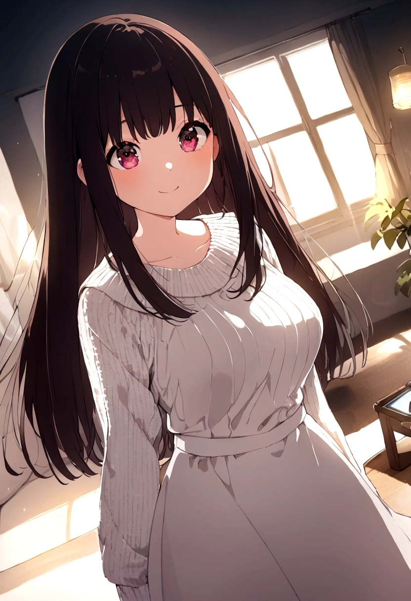 ((1girl)), super fine illustration, vibrant colors, absurdres extremely detailed CG, 8k wallpaper, (masterpiece:1.3), dynamic angle, dynamic pose,
best quality, depth of field, cinematic lighting, ultra detailed, brown long hair, very straight hair, large breast, white knit dress , 20yo, cute, kawaii, smile, droopy eyes, arms at sides, smartphone, modern living room