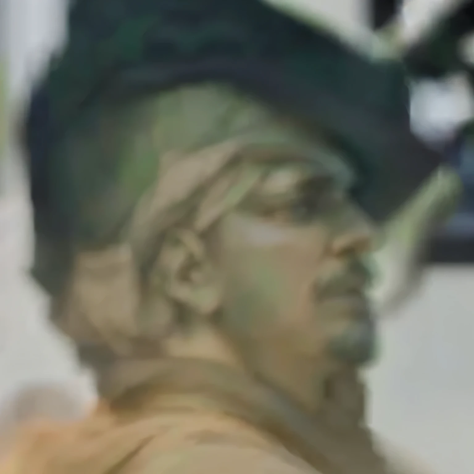 Arav man wearing black hat and green shirt, Blurred photo of ugly woman, Severe jpg artifacts, Profile picture, The image is very grainy, Very very low quality image, Grainy photo of ugly man, Very detailed face, Pale alien cultist's face, Zoom in on the alien's face, The face is partially obscured