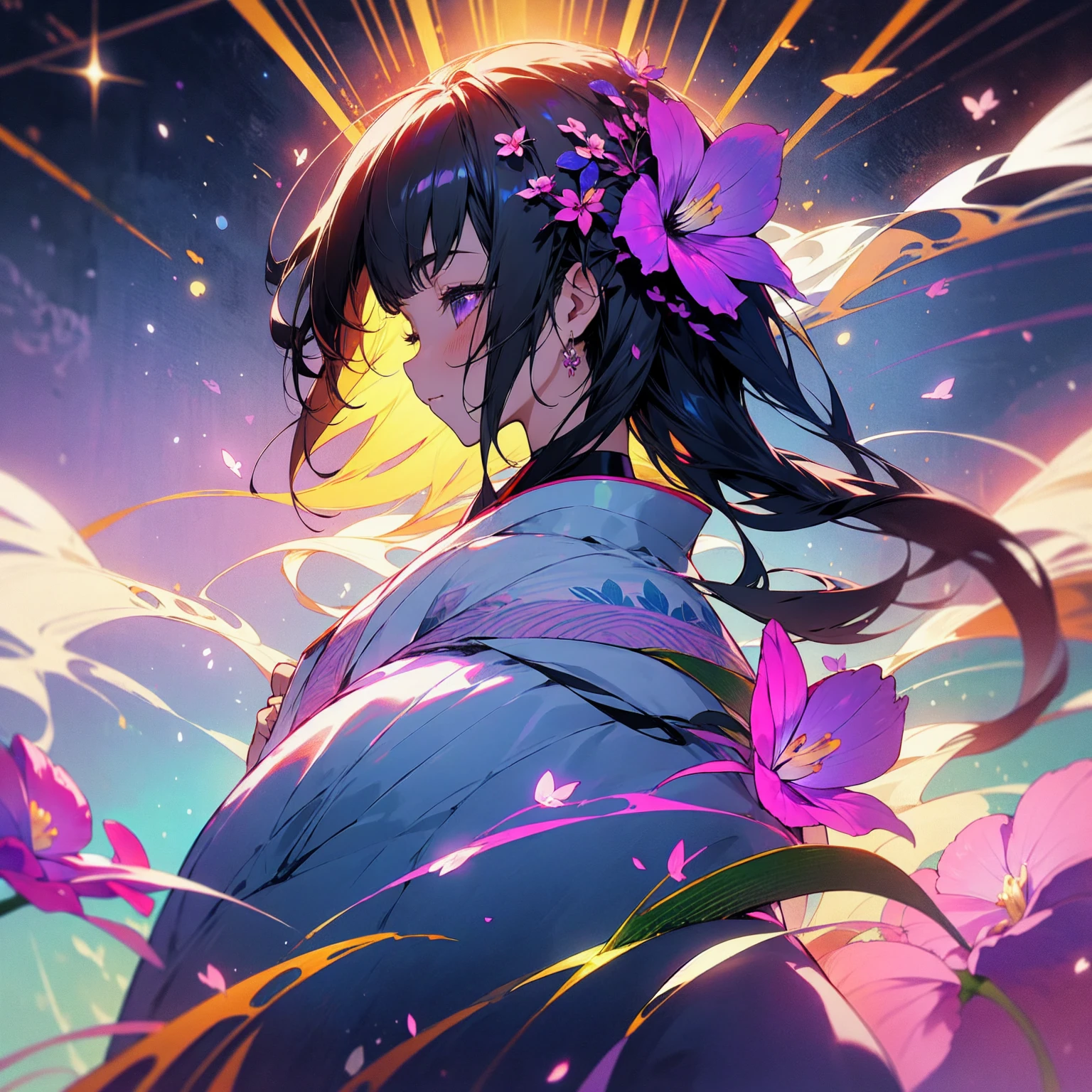 (beautifully、aesthetic:1.2)、(1 Girl:1.3)、(Black Hair:1.2)、Wearing a purple kimono、miracle、happinessそうな笑顔、like、happiness、Great space、Phalaenopsis flower、like情、likeに溢れる空間、Phalaenopsis flowerが咲き乱れる、Flower Space、