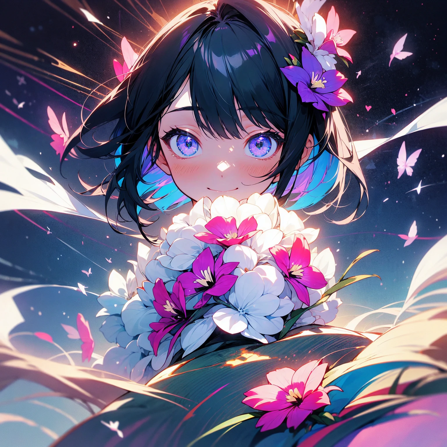 (beautifully、aesthetic:1.2)、(1 Girl:1.3)、(Black Hair:1.2)、Wearing a purple kimono、miracle、happinessそうな笑顔、like、happiness、Great space、Phalaenopsis flower、like情、likeに溢れる空間、Phalaenopsis flowerが咲き乱れる、Flower Space、