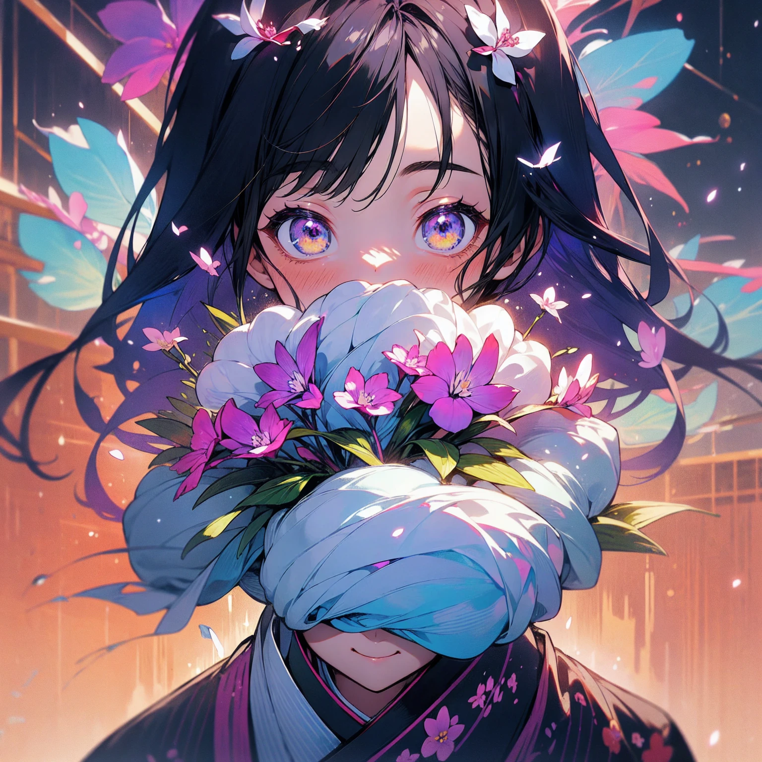 (beautifully、aesthetic:1.2)、(1 Girl:1.3)、(Black Hair:1.2)、Wearing a purple kimono、miracle、happinessそうな笑顔、like、happiness、Great space、Phalaenopsis flower、like情、likeに溢れる空間、Phalaenopsis flowerが咲き乱れる、Flower Space、
