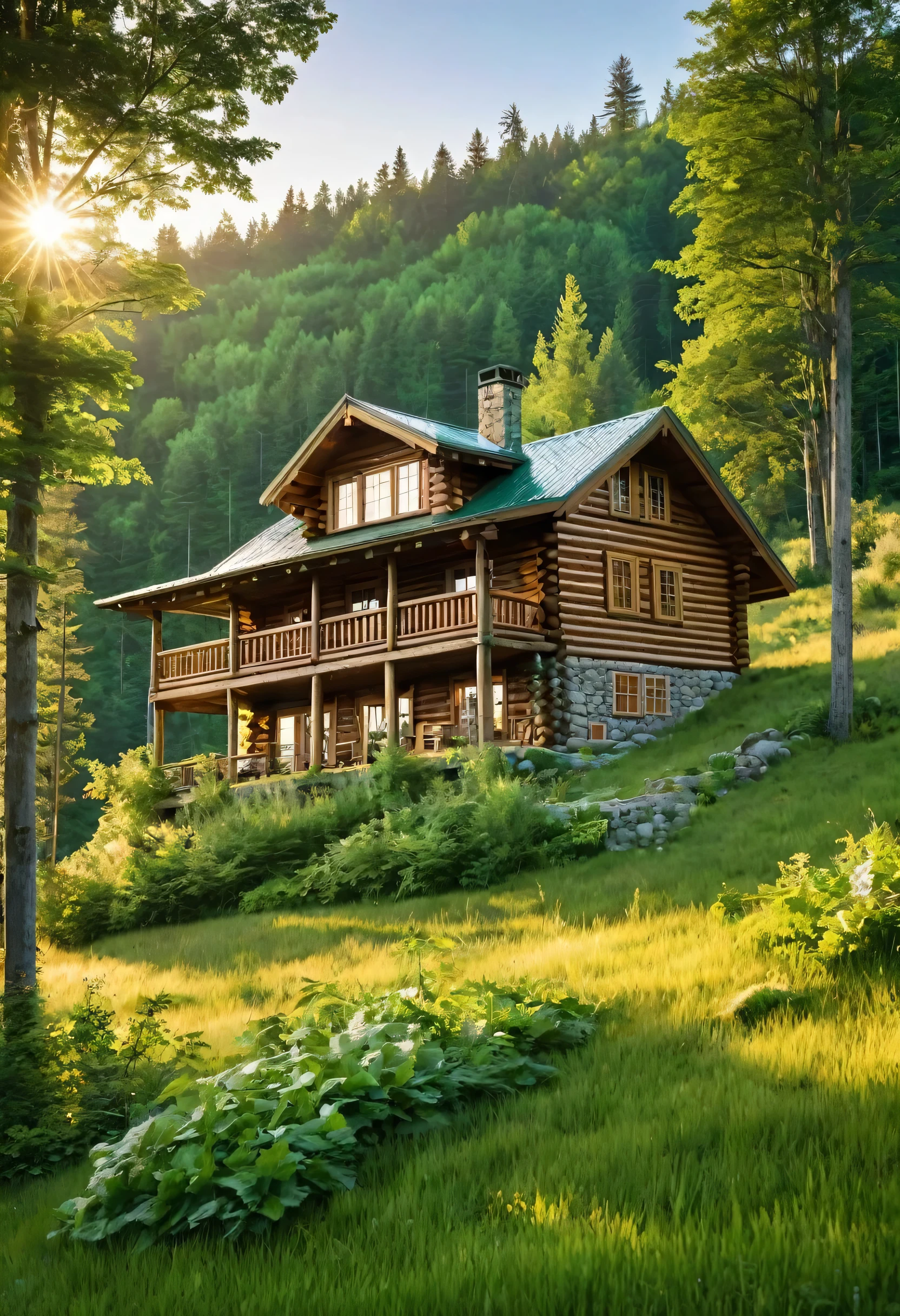 A sprawling log cabin, perched on a verdant hillside, commands a breathtaking view of the surrounding forest. The sunlight bathes the scene in a warm glow, highlighting the rustic charm of the cabin and the lush beauty of the landscape.