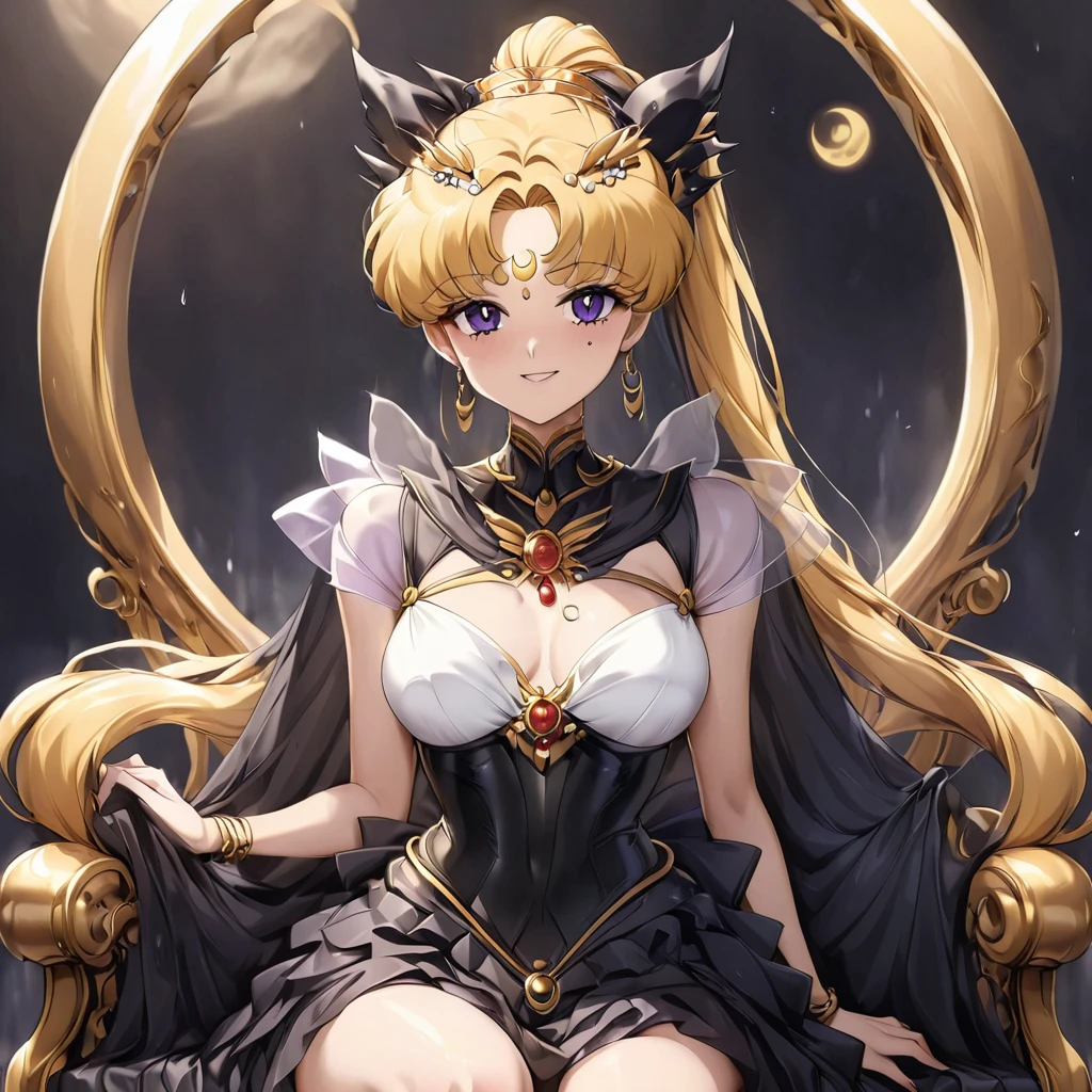 ((Highest quality)), ((masterpiece)), (detailed), (Perfect Face)、Black moon mark on forehead、The woman is Black Serenity, the noble dark queen of the Black Moon clan and has blonde hair.2A woman with long hair tied up in a ponytail is Princess Serenity, sitting on a luxurious throne.、The woman has a black inverted crescent moon mark on her forehead, a gorgeous and glittering black gothic Victorian dress, a black veil and a black see-through cape, and is wearing luxurious jeweled accessories. She is the Queen of Darkness, the jet-black Princess Serenity, looking at the camera with a happy expression, and has the expression of a maiden in love.