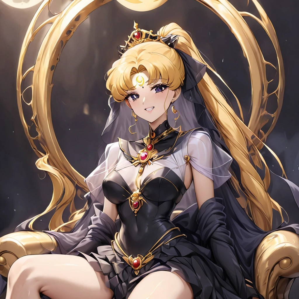 ((Highest quality)), ((masterpiece)), (detailed), （Perfect Face）、Black moon mark on forehead、The woman is Black Serenity, the noble dark queen of the Black Moon clan and has blonde hair.２A woman with long hair tied up in a ponytail is Princess Serenity, sitting on a luxurious throne.、The woman has a black inverted crescent moon mark on her forehead, a gorgeous and glittering black gothic Victorian dress, a black veil and a black see-through cape, and is wearing luxurious jeweled accessories. She is the Queen of Darkness, the jet-black Princess Serenity, looking at the camera with a happy expression, and has the expression of a maiden in love.