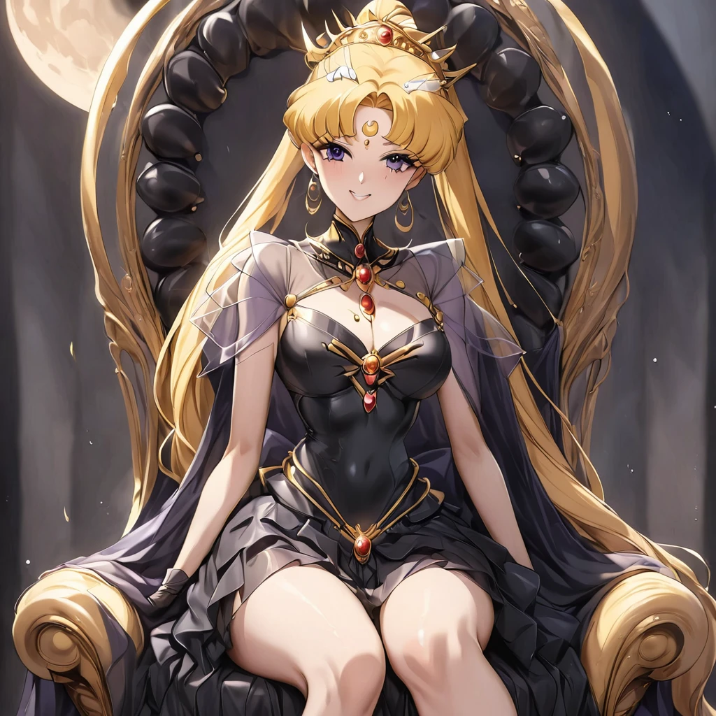 ((Highest quality)), ((masterpiece)), (detailed), （Perfect Face）、Black moon mark on forehead、The woman is Black Serenity, the noble dark queen of the Black Moon clan and has blonde hair.２A woman with long hair tied up in a ponytail is Princess Serenity, sitting on a luxurious throne.、The woman has a black inverted crescent moon mark on her forehead, a gorgeous and glittering black gothic Victorian dress, a black veil and a black see-through cape, and is wearing luxurious jeweled accessories. She is the Queen of Darkness, the jet-black Princess Serenity, looking at the camera with a happy expression, and has the expression of a maiden in love.