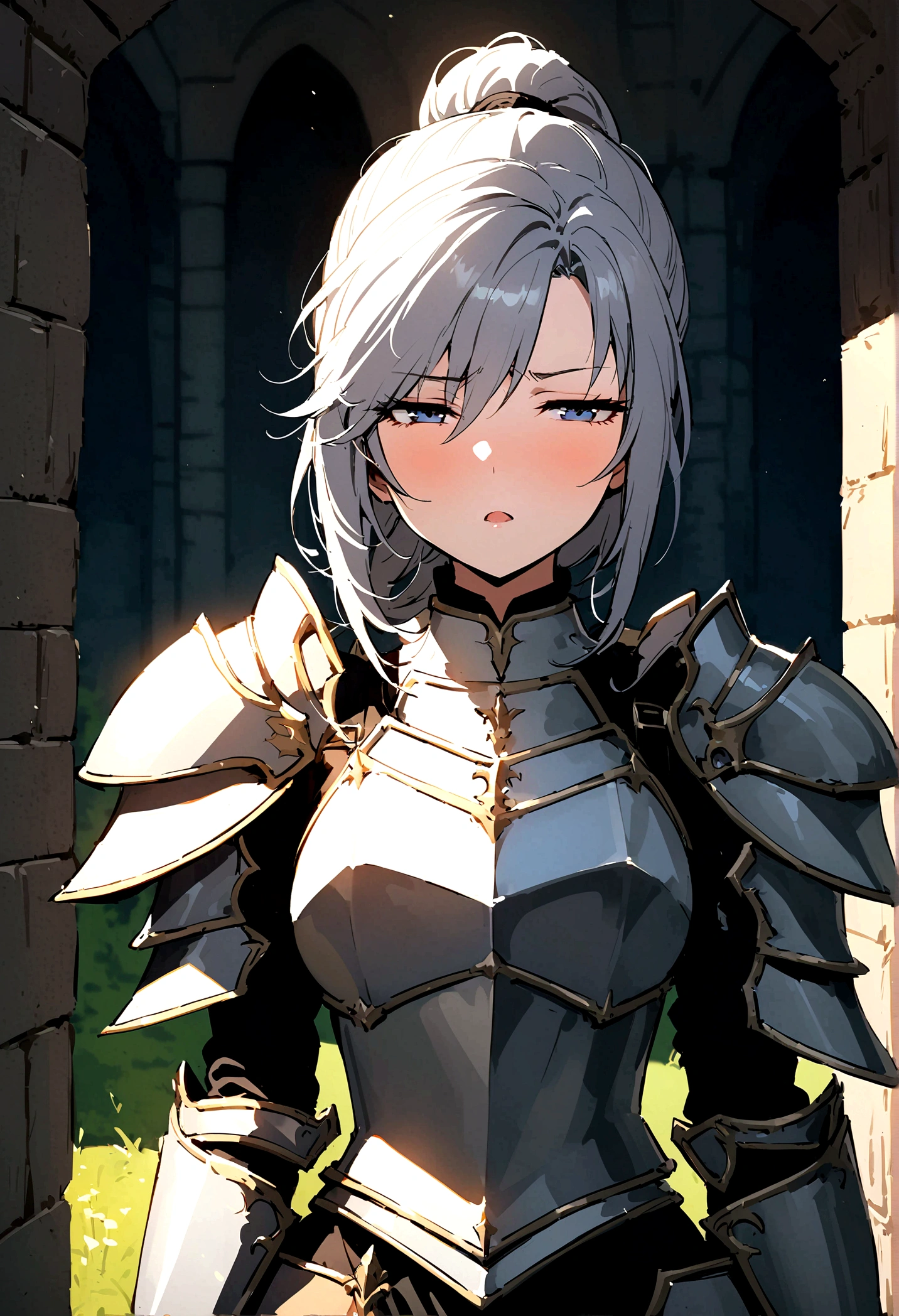 Beautiful girl knight in armor, Gray Hair, tsurime, fantastic, Face your body forward like a certificate photo, shoot from front, Ponytail, Armor Girl, beautiful female knight, Female Paladin, pale blue eyes, narrowed eyes squint, Talking mouth