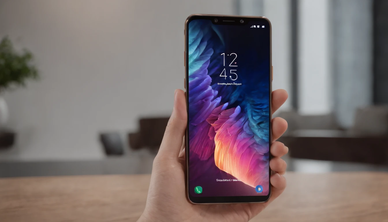 a sleek and modern smartphone, a large edge-to-edge display, a slim profile, premium metal finish, vibrant and dynamic user interface, stylish wallpaper, showcasing the smartphone design and features, cutting-edge smartphone, (best quality,4k,8k,highres,masterpiece:1.2),ultra-detailed,(realistic,photorealistic,photo-realistic:1.37),studio lighting,vivid colors,product mockup