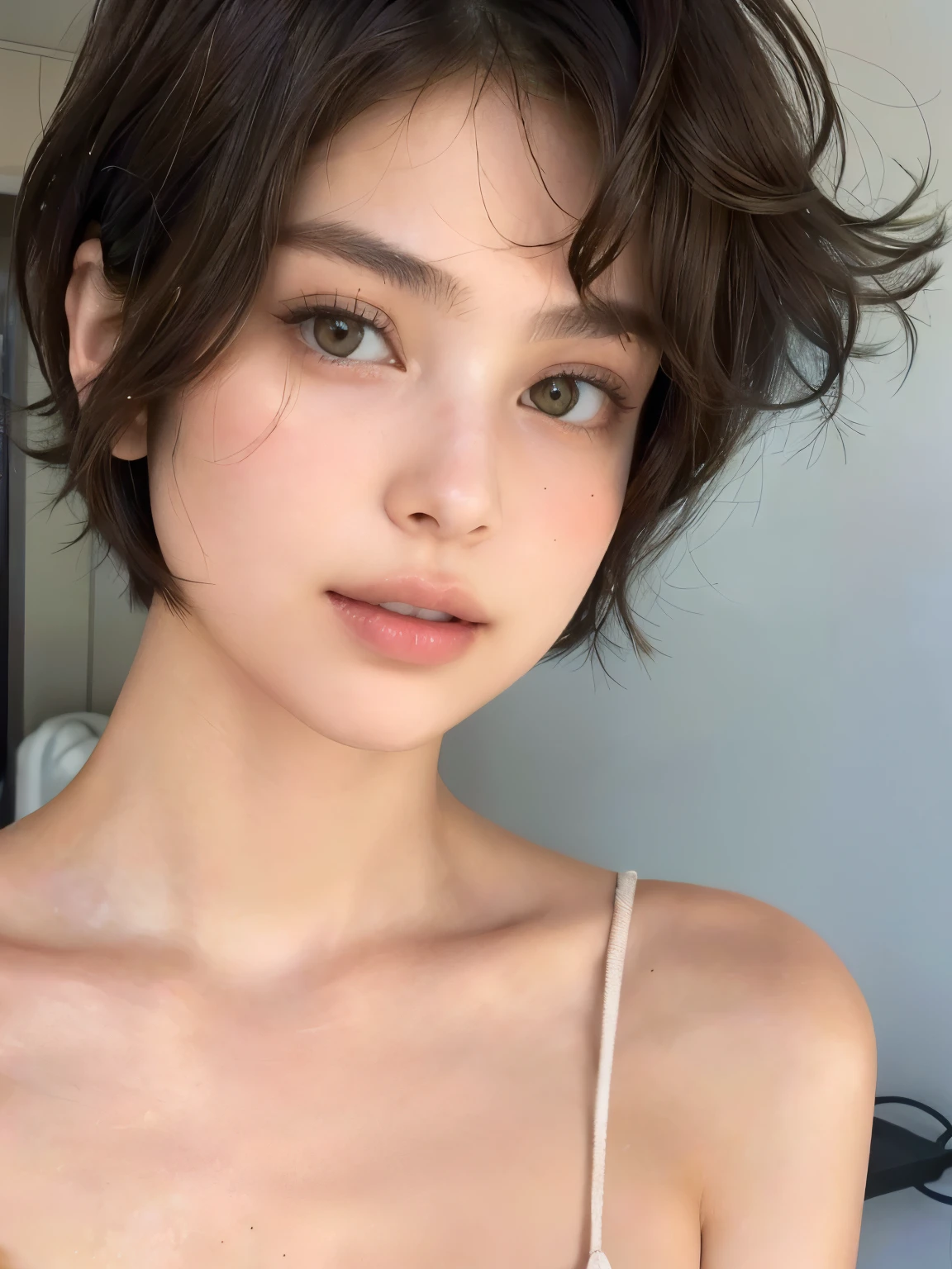 a close up of a woman with a very big breast, messy short hair, short messy hair, flawless olive skin, portrait sophie mudd, natural short hair, very short messy hair, messy bob, messy short brown hair, loosely cropped, large messy hair style, flat chested, beautiful fine - face, olive skin, messy brown short hair, short hair