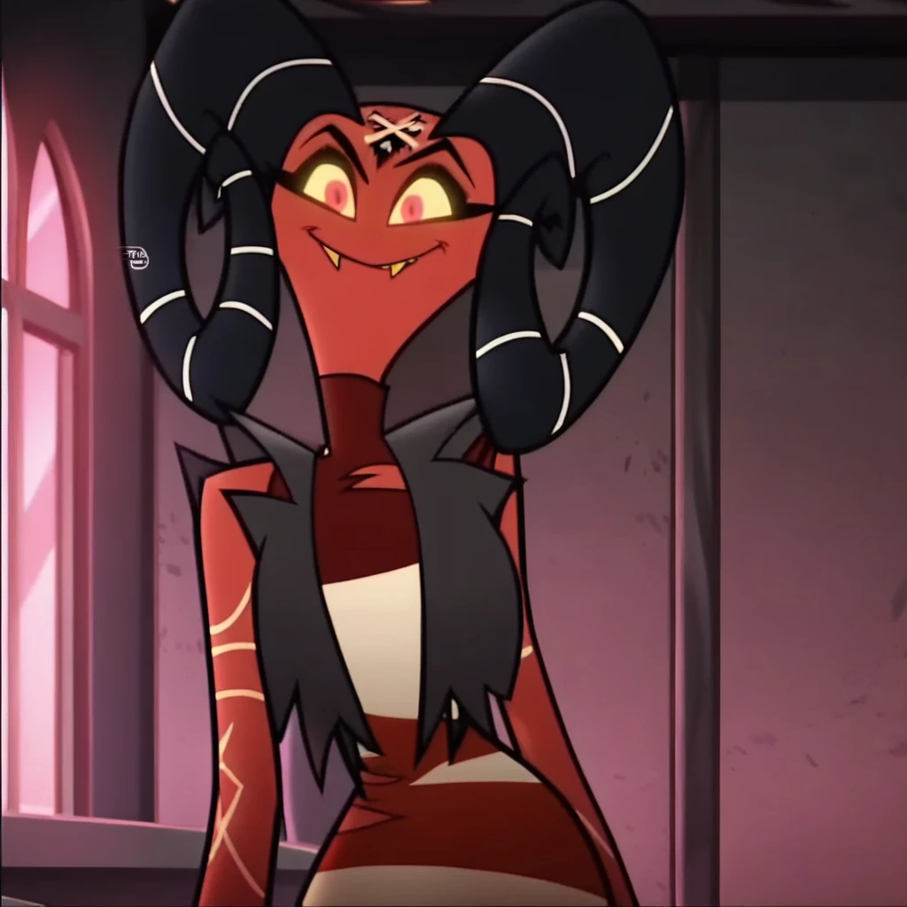 barbie wire, smile, happy, 1girl, demon girl, red skin, forehead tattoo, arm tattoos, horns, striped dress, leather jacket, screencap, front facing view , huge breasts