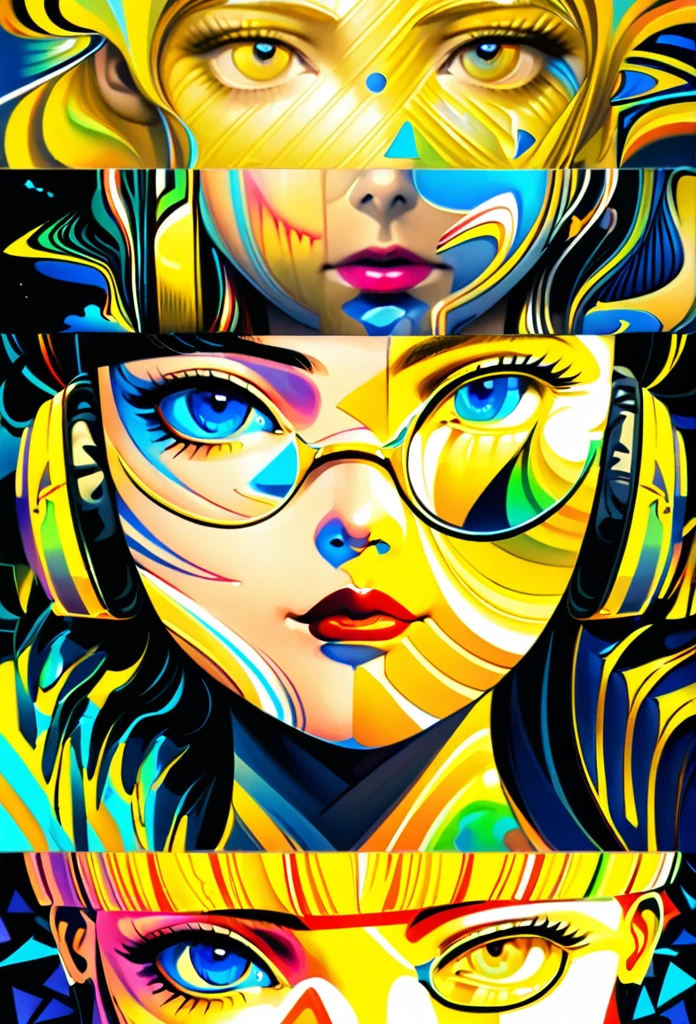 (((yellow glasses:1.3))), headphone, short hair, blunt bangs,Please turn the provided image into a painting keeping the same agape face features and realistic likeness and with the following characteristics: Art Style: Flowing Picasso style. Colors: Vibrant and dynamic, using bold and contrasting colors like the photo Details: Emphasize abstract shapes and flowing lines to capture the essence of her features. Mood: Artistic and expressive, with a surreal and imaginative touch. Background: Complementary to the Picasso style, potentially with abstract elements or patterns. Note: The final image should creatively reinterpret her likeness in a way that feels both unique and artistic, reminiscent of Picasso's distinctive and abstract painting style. Hypersaturated,Indirect light,[Detestable:Vulgar:5] Airy ("Footprints on uncharted paths, explorers of the unknown, venturing into the wilderness of possibility.":1.1),Offset print,Manic,Proud,Lomography,Shameless,full of color,electric color splash,Calotype,key visual,Dark hue,flawless,
A mature face,cold attitude,(eyeshadow,eyeliner:0.9),(red lips:1),watery eyes,Blue eyes,xuer Cold face,decef