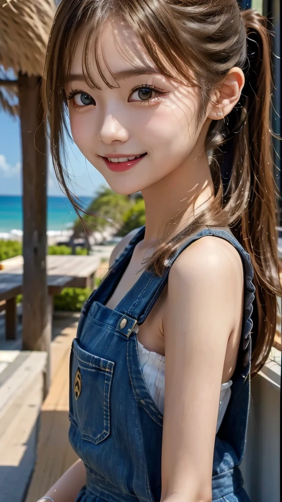 Highest quality、Highest quality、、masterpiece、Golden Hair、High ponytail、Gal、summer、smile、looks fun、Young Japanese woman、Overalls、beach