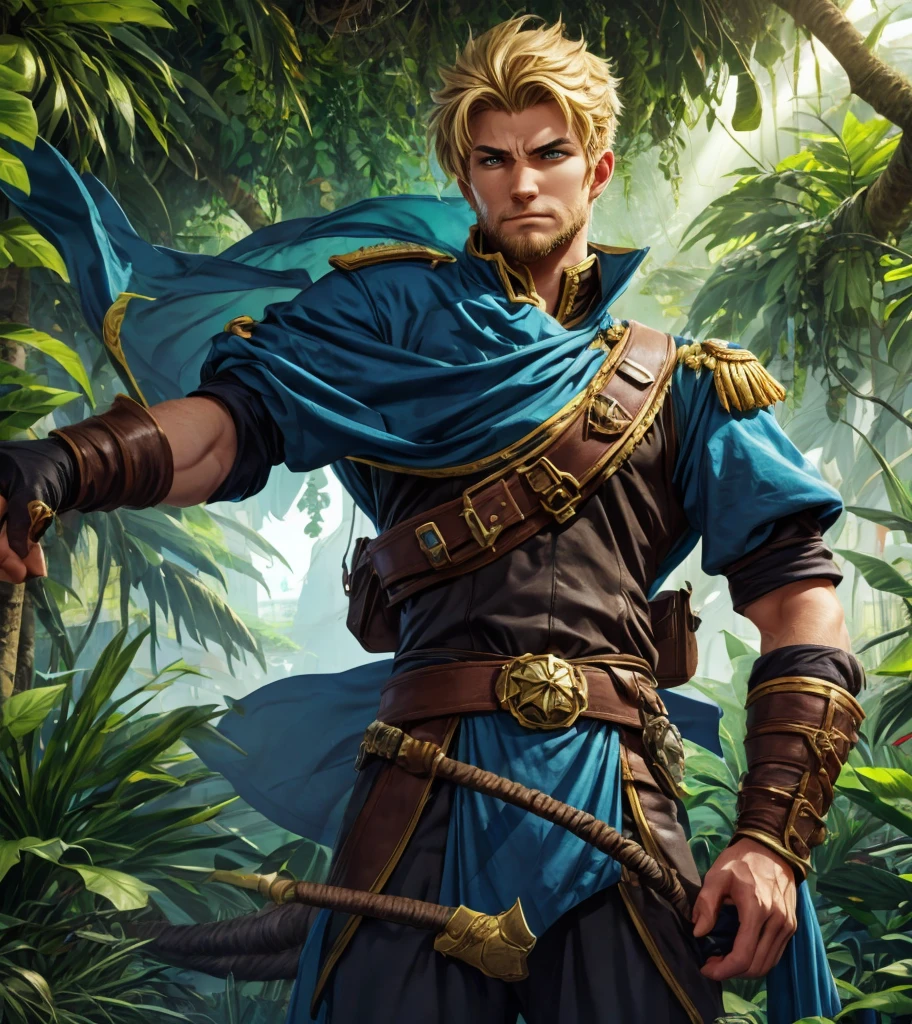 (((Solo character image.))) (((Generate a single character image.))) Generate a character for a fantasy role playing game. This is a dragoon for the port side town of Port Pallid. He is responsible for policing and defending the town from attacks from the sea, wicked pirates and other criminals. He should have a uniform with neat, blue color with gold and black trim. He is a dashing figure but has a cruel streak that shows his arrogance of having so much power. He commands respect even though he is a lower level figure tasked with guarding the streets. He is a low level soldier charged with protecting the town. Please give him short blonde hair with a somewhat modern hair style. He looks smug and dominant.
Render the surrounding jungle environment as a vivid, vibrant ecosystem teeming with life, featuring exotic flora and fauna. The backdrop should be a symphony of color, with dappled sunlight filtering through the dense canopy of leaves. Transport the viewer into a realm of untamed beauty and raw, unbridled violence, inviting them to delve into the world of this fearsome, untamable jungle warrior.
