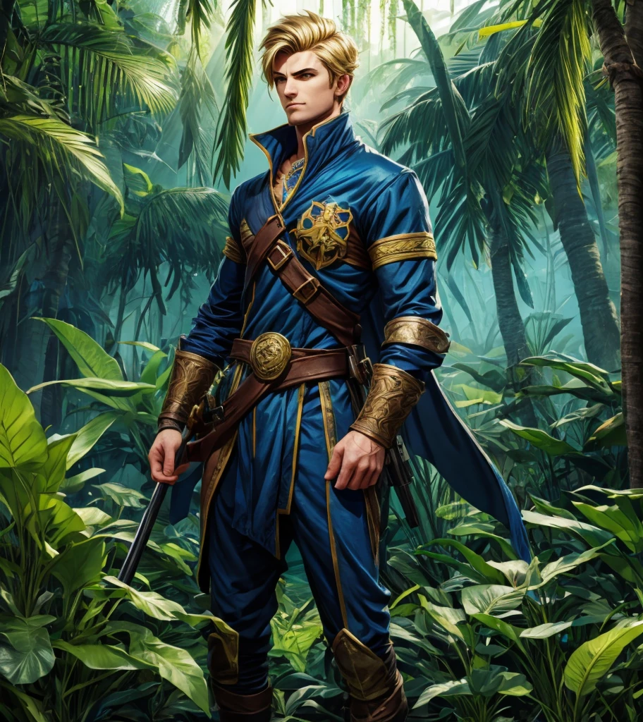 (((Solo character image.))) (((Generate a single character image.))) Generate a character for a fantasy role playing game. This is a dragoon for the port side town of Port Pallid. He is responsible for policing and defending the town from attacks from the sea, wicked pirates and other criminals. He should have a uniform with neat, blue color with gold and black trim. He is a dashing figure but has a cruel streak that shows his arrogance of having so much power. He commands respect even though he is a lower level figure tasked with guarding the streets. He is a low level soldier charged with protecting the town. Please give him short blonde hair with a somewhat modern hair style. He looks smug and dominant.
Render the surrounding jungle environment as a vivid, vibrant ecosystem teeming with life, featuring exotic flora and fauna. The backdrop should be a symphony of color, with dappled sunlight filtering through the dense canopy of leaves. Transport the viewer into a realm of untamed beauty and raw, unbridled violence, inviting them to delve into the world of this fearsome, untamable jungle warrior.