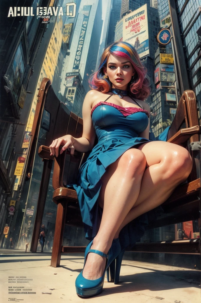 (Masterpiece, Best Quality), 8k Wallpaper, highly detailed, poster, vintage sci-fi film, 1960s, a magazine cover with sexy giant 'disney alice ' towering over a tiny city, a portrait by Paul Kane, cinematic movie poster, perfect face, colorful hair, Attack of the 50 foot woman, giant woman, tiny city, lines, abstract, mid century modern, movie poster, vintage, alice in wonderland uniform, stiletto high heel shoes, tiny destroyed skyscrapers city, retrofuturism, pulp sci fi, pulp sci-fi, 60's pulp illustration, scifi pulp, pulp book cover art, pulp scifi, old retro pulp comic cover, pulp science fiction, pulp scifi illustration, vintage scifi, skyscrapers sized under her knee