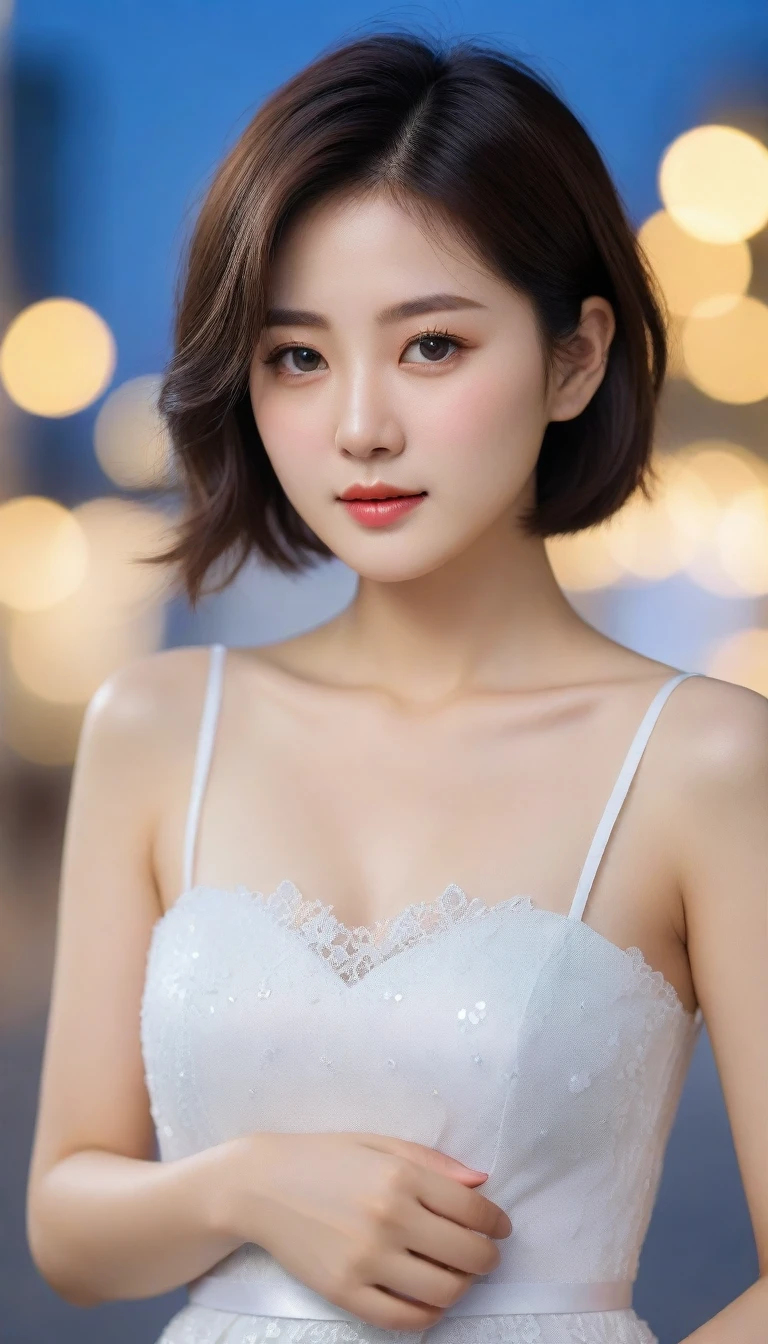 Close up of beautiful Korean woman, Chest size 32 inches, wearing a white dress, Short hair , blue, bokeh background, uhd