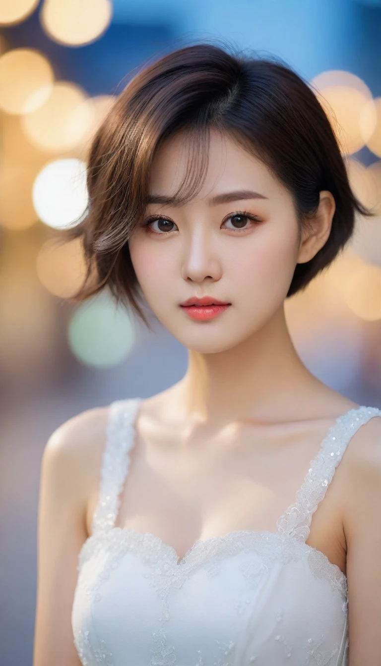 Close up of beautiful Korean woman, Chest size 32 inches, wearing a white dress, Short hair , blue, bokeh background, uhd