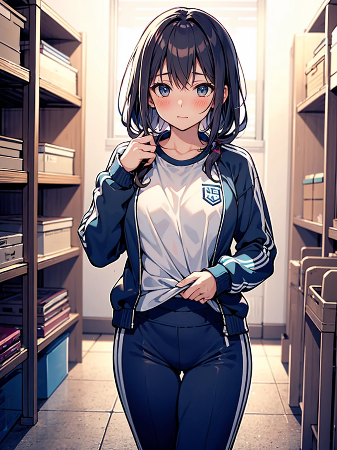 An exhibitionist woman takes off her blue long-sleeved tracksuit in school in the gym storage room, blush